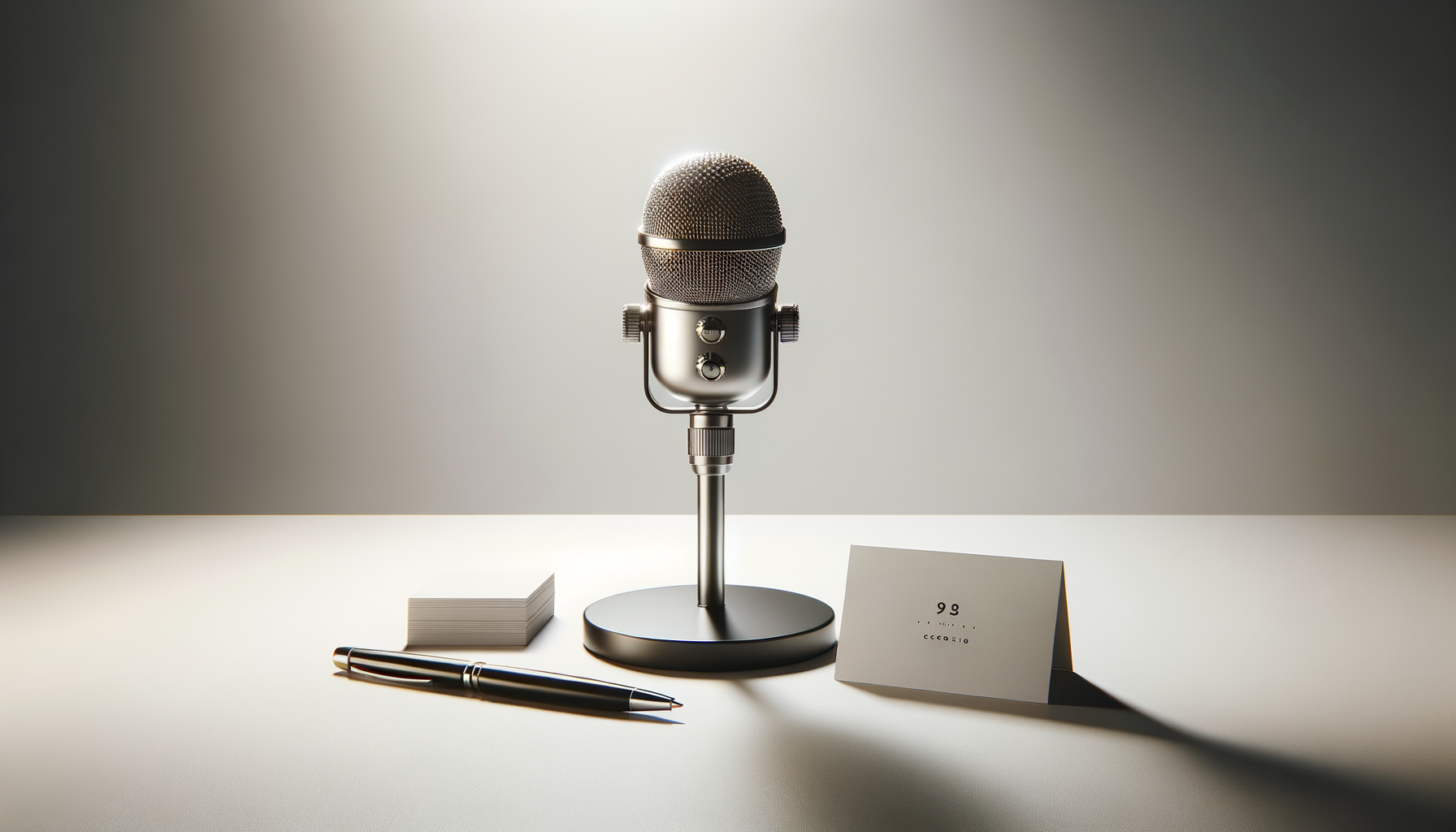 Microphone vintage sur un bureau blanc avec un bloc-notes, un stylo et une carte de visite dessous une lumière douce.