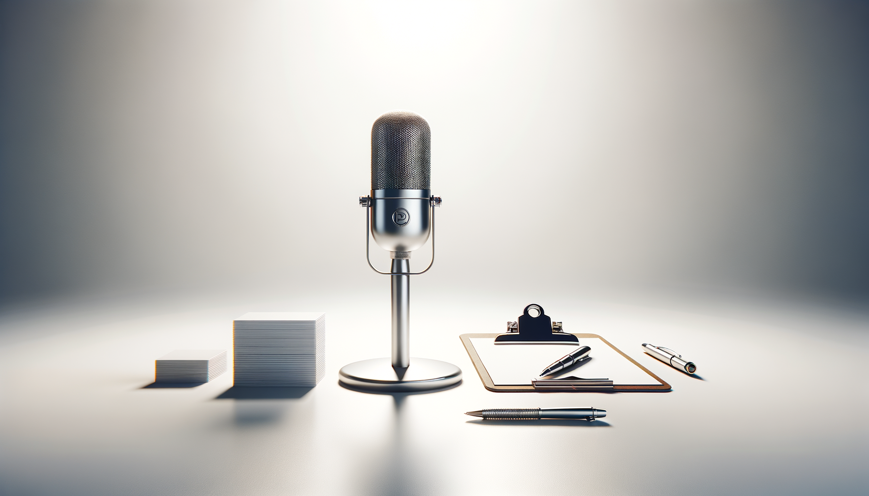 Microphone au centre, piles de papier à gauche, clipboard avec stylo, et deux stylos à droite sur fond neutre.