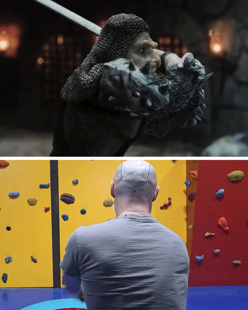 Top: Character with chainmail armor and sword in a dark setting. Bottom: Person with bald head from behind, climbing a rock wall with colorful holds.