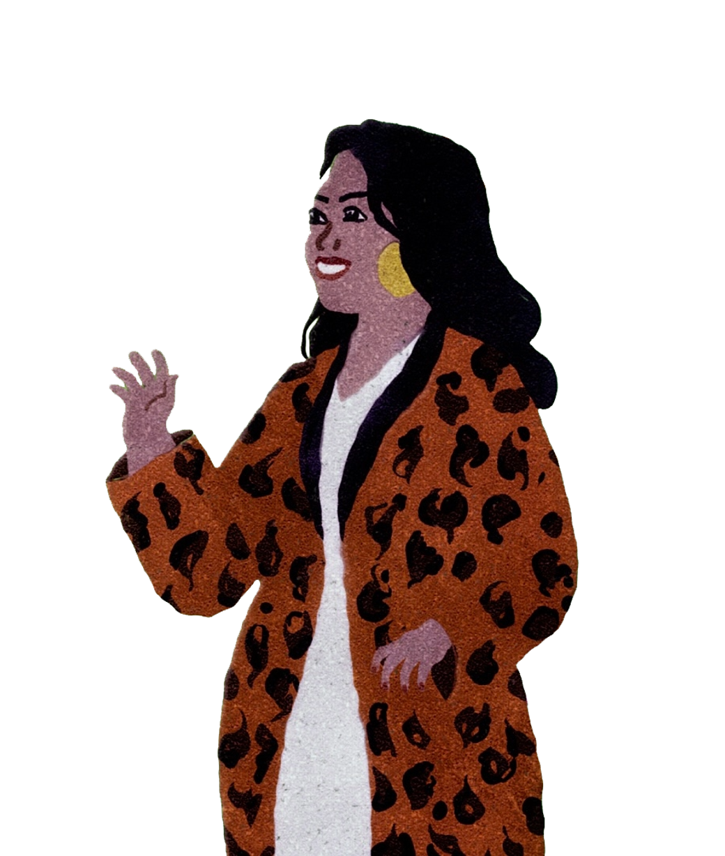Illustration of a woman with dark hair, wearing a leopard print coat, a white shirt, large yellow earrings, and smiling while holding up her right hand.
