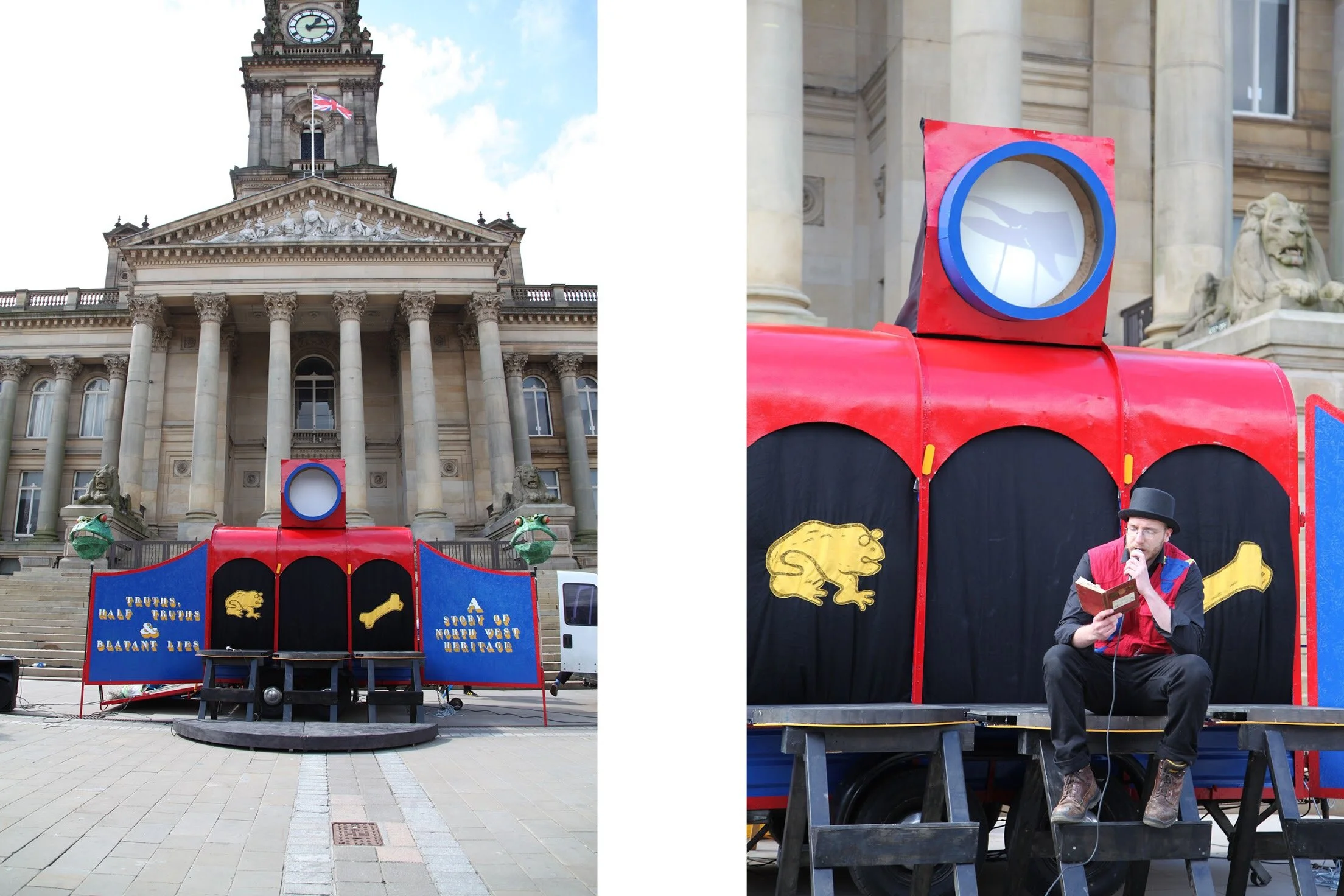 A red and blue carnival game booth with a lion logo, set up in front of a historic government building with a clock tower and columns. The booth has signs that say "Truths Half Truths & Bleating Lies" and "A Story of North West Heritage." A man in a 