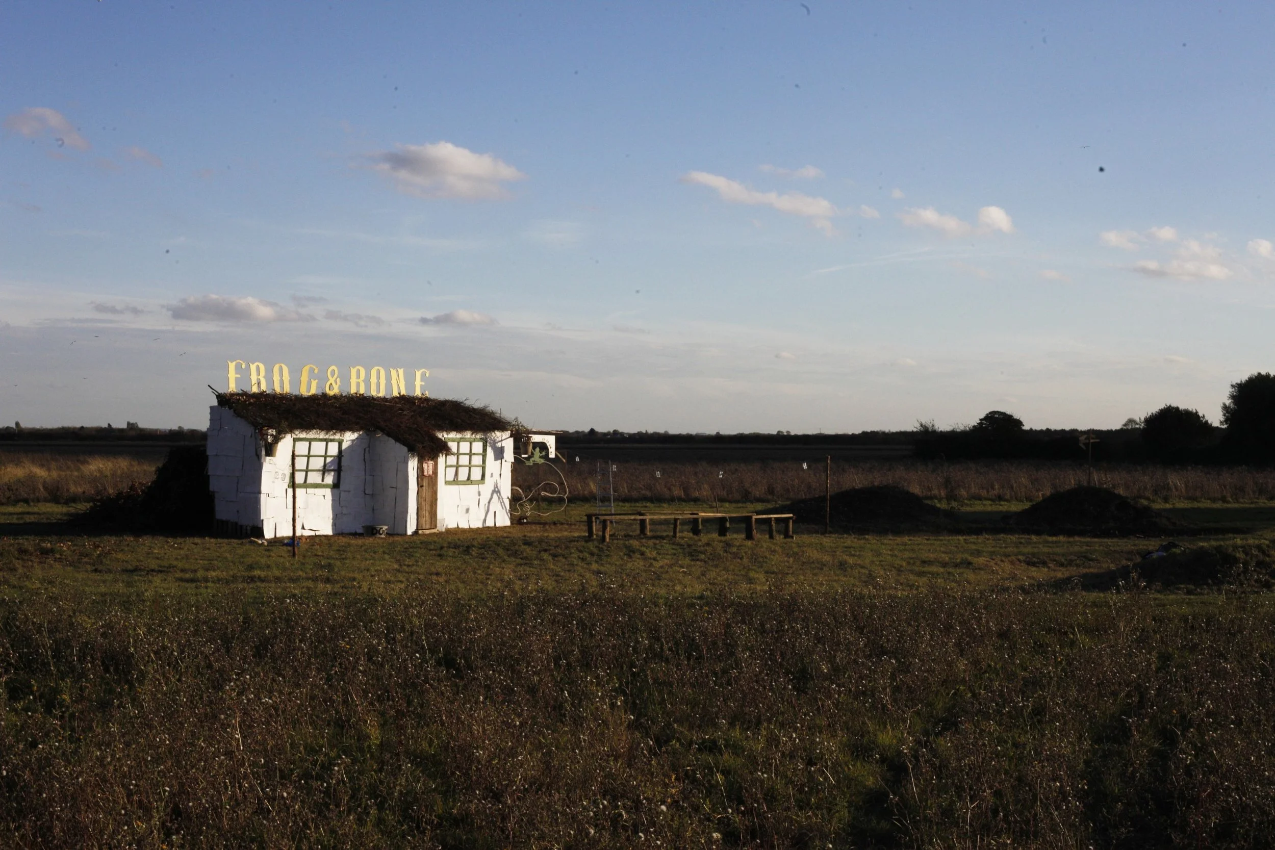 A small white house with a thatched roof and green window frames in a rural landscape, with a sign on top reading 'FROG & BONE,' under a sky with scattered clouds.