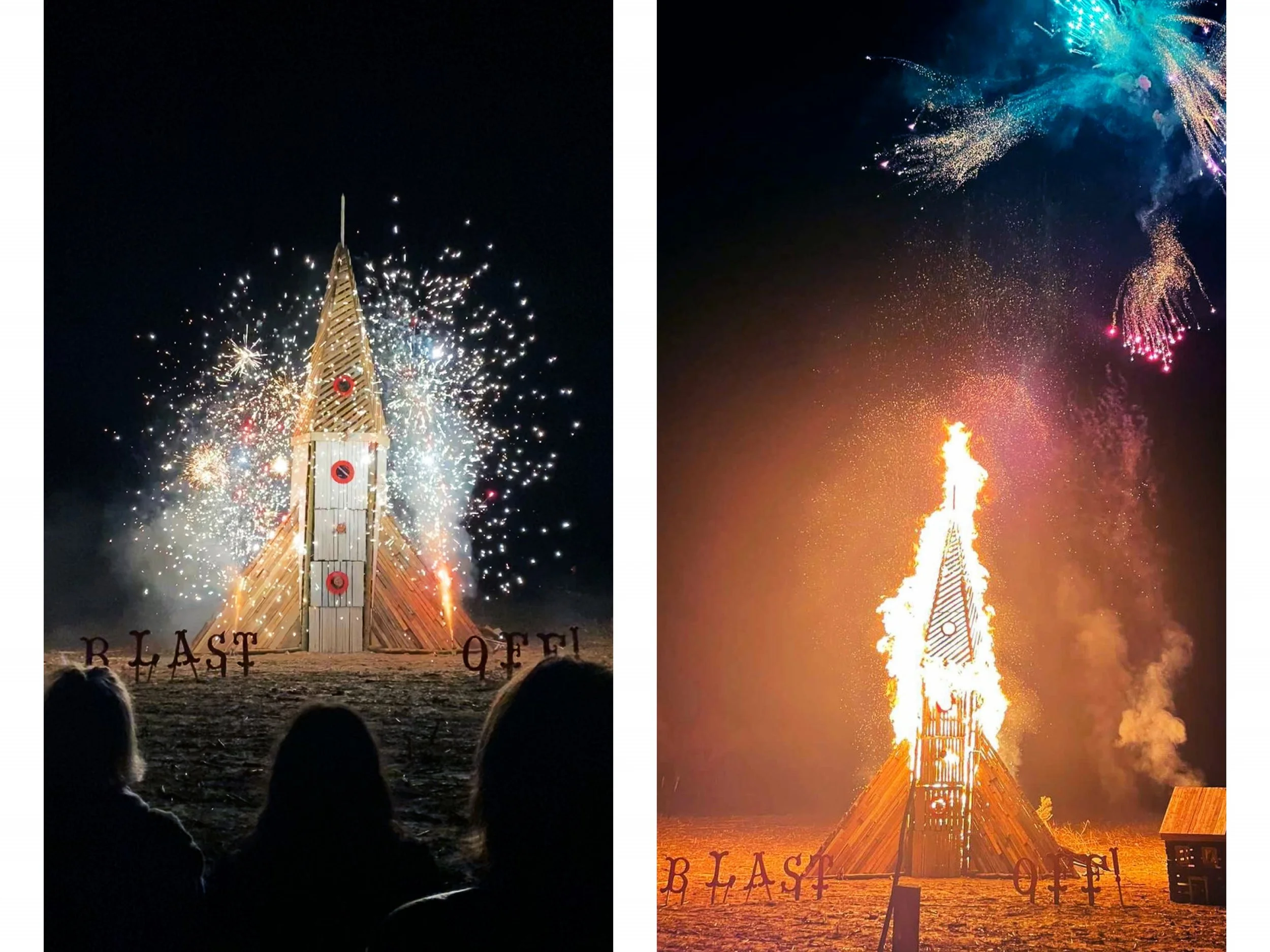 Fireworks exploding around a tall, pointed wooden structure during nighttime, with the words 'Blast Off!' visible at the bottom, and silhouettes of heads in the foreground watching the display.