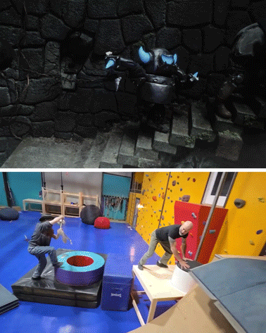 Top image shows a sport climbing wall with a harness and ropes hanging from the top. Bottom image displays an indoor gym with foam mats, a bouldering wall, and two people engaged in climbing activities.