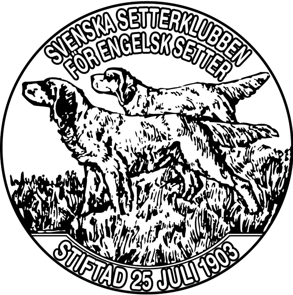 Black and white emblem of the Swedish Retriever Club, depicting two retriever dogs in a grassy field, with Swedish and English text and the date July 25, 1903.