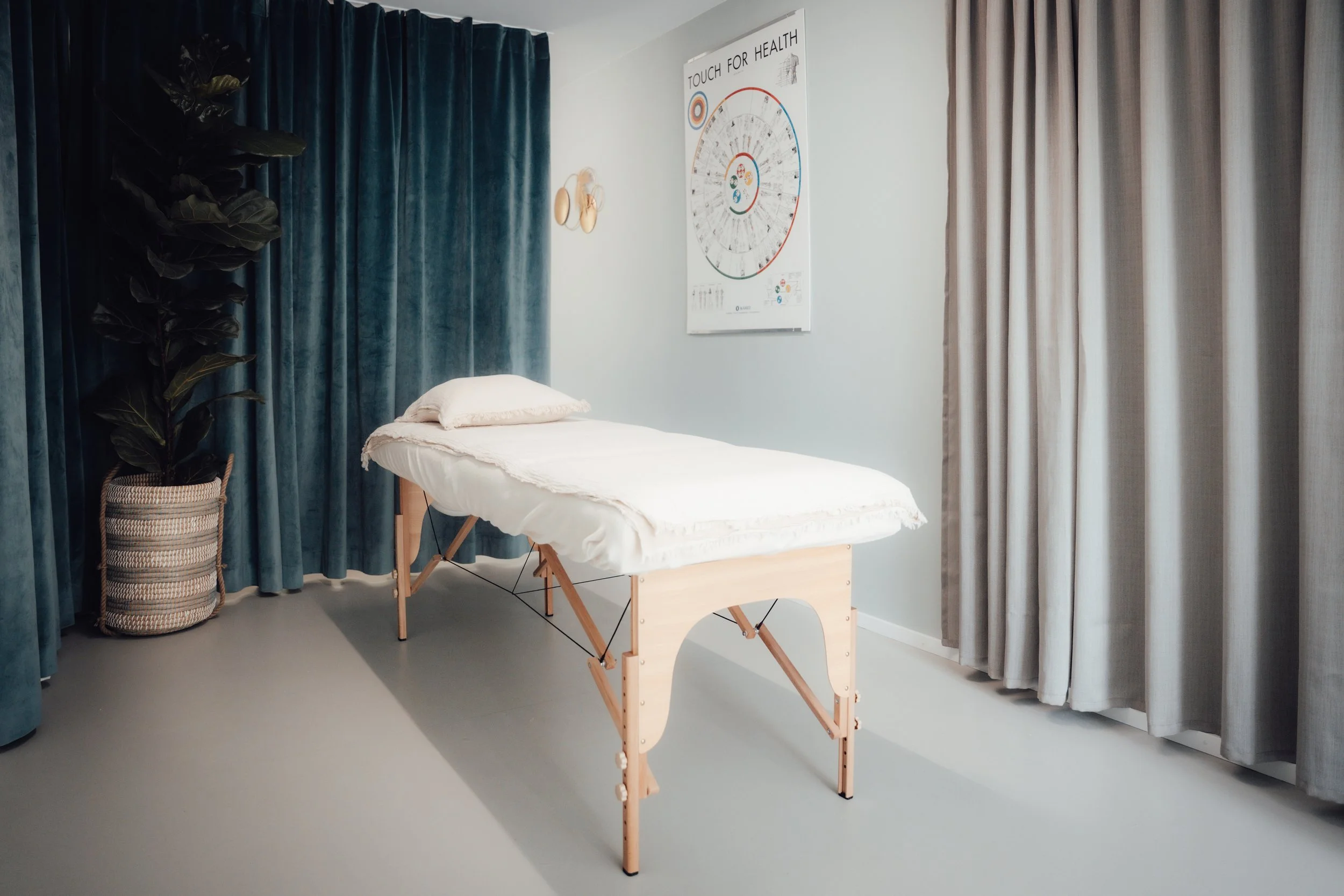 Ein Behandlungsraum mit einer Massage- oder Behandlungsliege in der Mitte, blauen Vorhängen, einem großen Pflanzenkübel links, und einer gesundheitsbezogenen Infografik an der Wand.