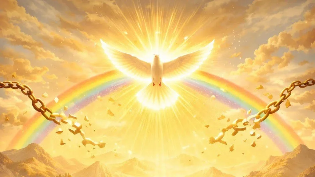 Une colombe blanche volant au centre, rayonnante de lumière, avec un arc-en-ciel en arrière-plan, des chaînes brisées et des montagnes au loin dans un ciel doré.