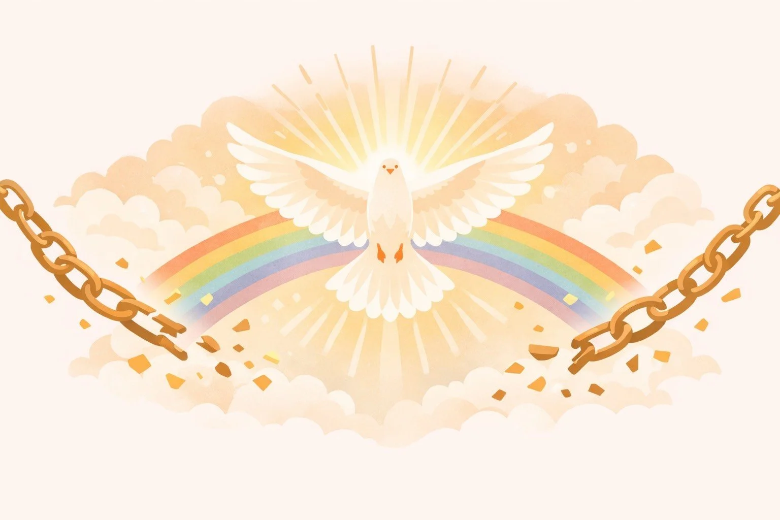 Une colombe blanche avec des ailes déployées, illuminée par la lumière du soleil, au-dessus d'un arc-en-ciel, avec des chaînes brisées en dessous, des nuages et un ciel lumineux en arrière-plan.