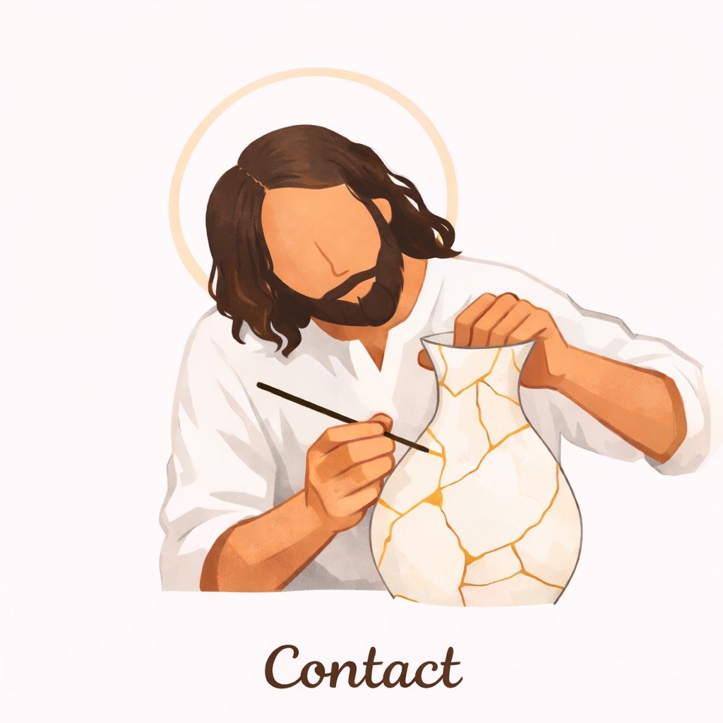 Une illustration d'une personne peignant un vase blanc cassé, avec un halo derrière la tête, le mot 'Contact' écrit en dessous.