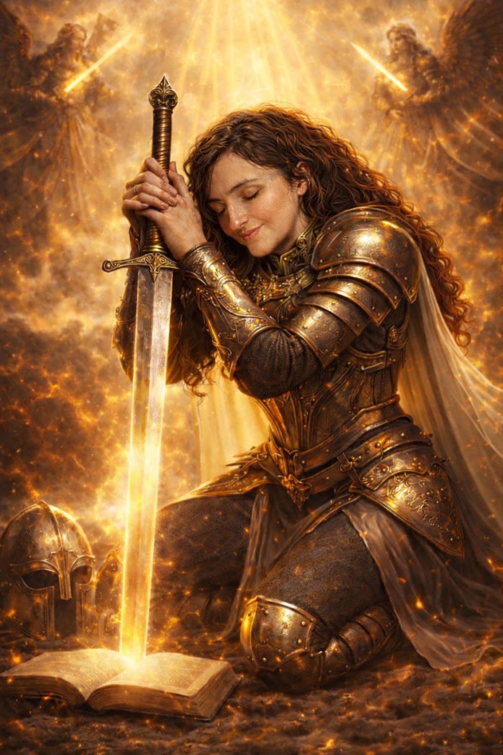 Une femme en armure dorée, priant avec un sourire, entourée d'une lumière dorée, avec un casque posé à côté et un livre ouvert devant elle.