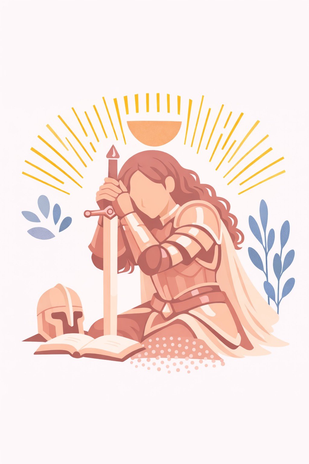 Illustration d'une femme chevalier en posture de prière ou de méditation, avec une épée verticale, un casque à ses côtés, un livre ouvert, des branches et un halo doré derrière elle.