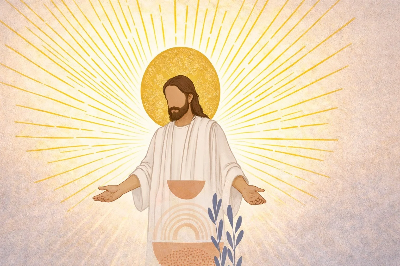 Illustration religieuse représentant Jésus avec un halo lumineux, mains ouvertes, derrière lui des rayons de lumière et un halo doré.