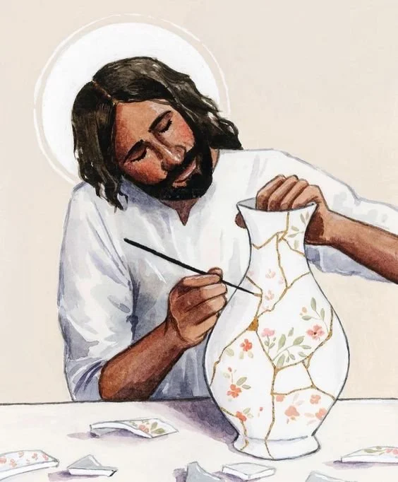 Une représentation artistique de Jésus-Christ réparant une poterie cassée.