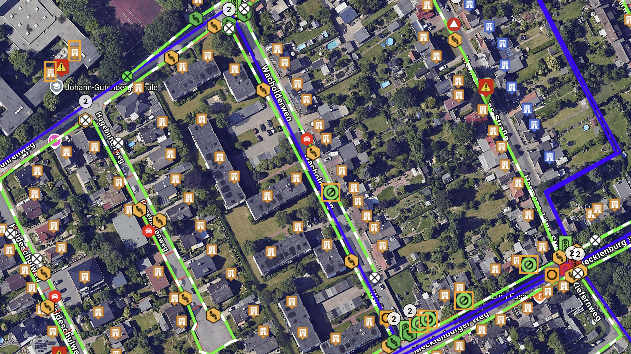 An aerial map of a neighborhood with streets, houses, and landscape. The map overlays include colorful lines, icons, and symbols indicating routes, construction, and points of interest.