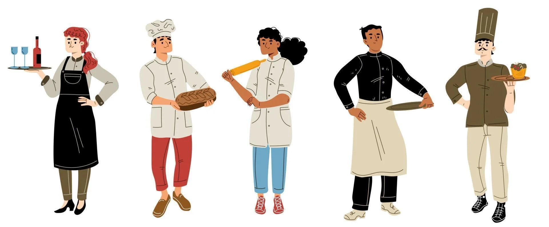 Illustration of five diverse chefs in various cooking and serving poses, holding kitchen and food items.