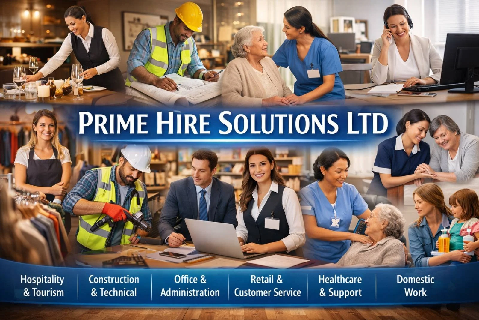 A promotional image for Prime Hire Solutions Ltd displaying various workers in different industries including hospitality, construction, office administration, retail, healthcare, and domestic work. The image features diverse employees interacting in