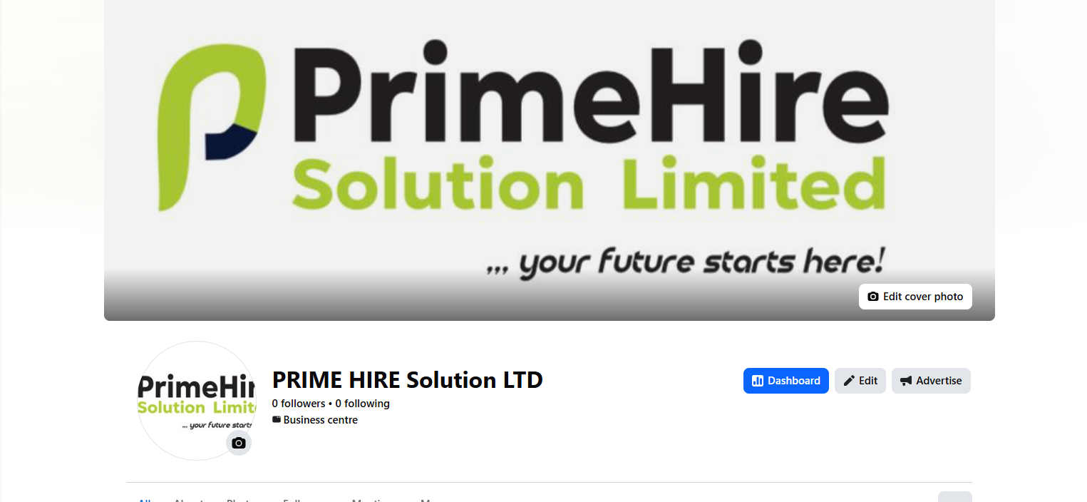 Business Facebook cover photo for PrimeHire Solution Limited, featuring the company's logo and tagline 'your future starts here!'