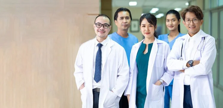 Group of five healthcare professionals standing together in a hospital corridor.