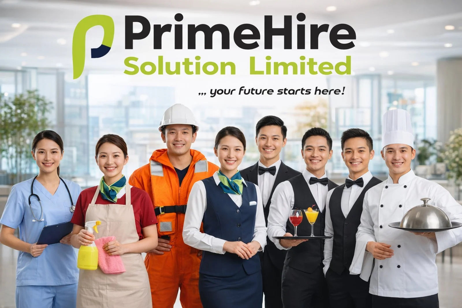 Group of diverse professionals in uniforms representing healthcare, construction, and hospitality industries, standing in a bright modern indoor space with a city view background.