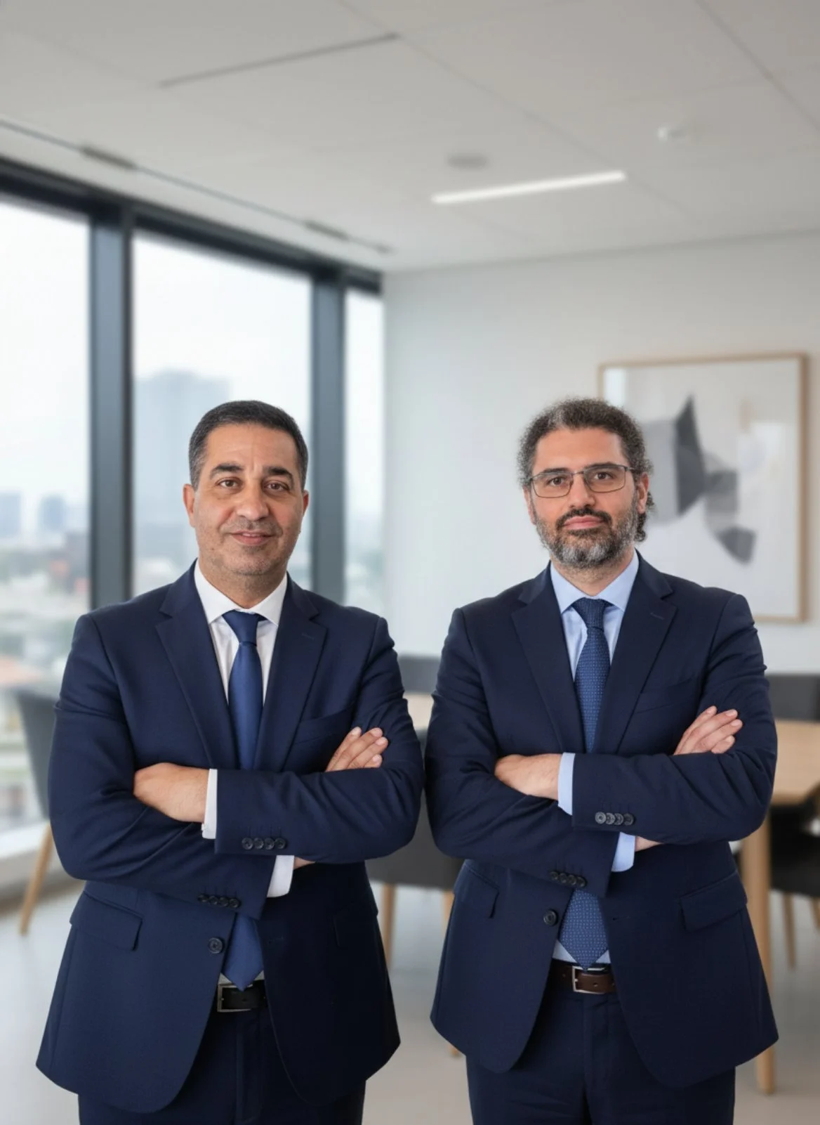 Two men in business suits standing with arms crossed in an office with large windows and modern decor.