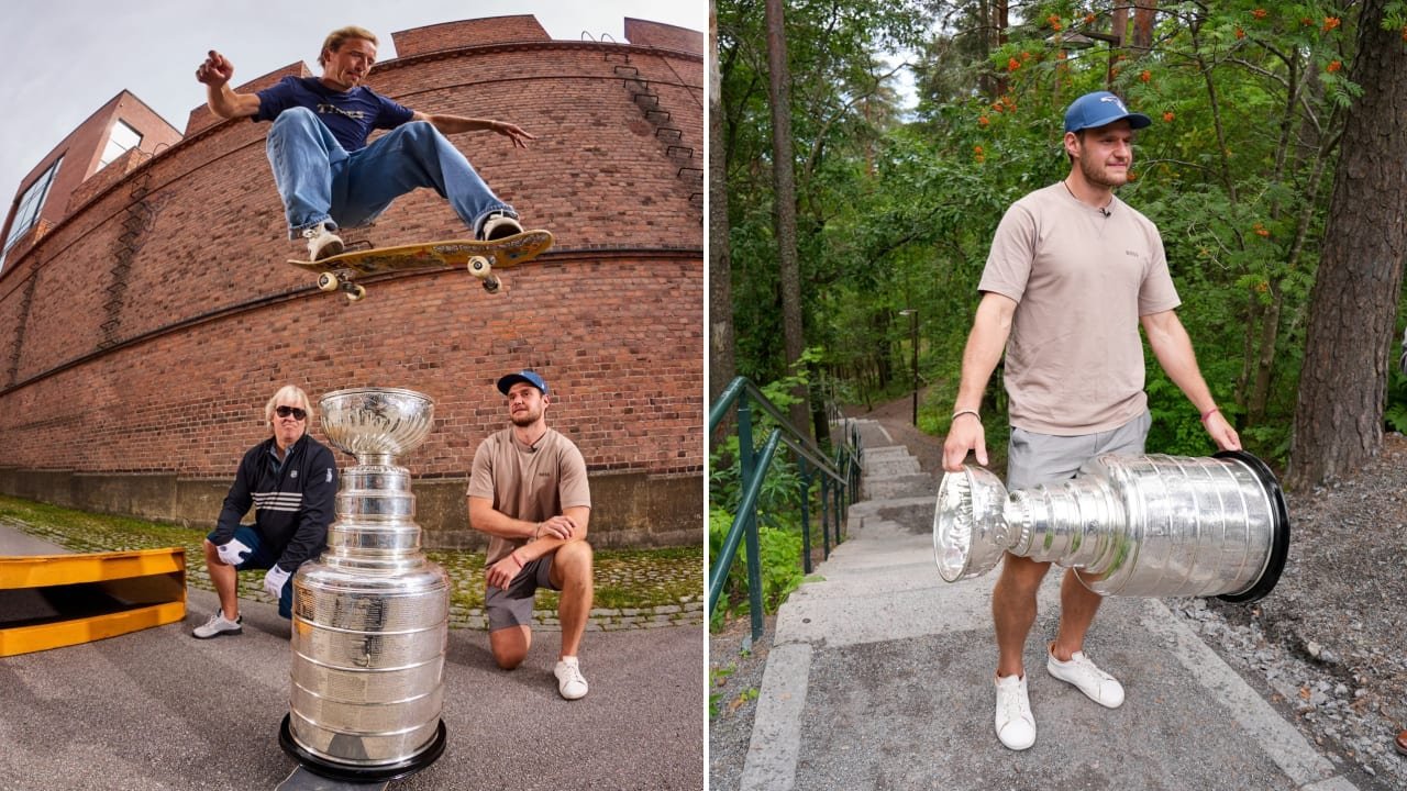 NHL: Barkov kicks off day with Stanley Cup with skateboarding trick.