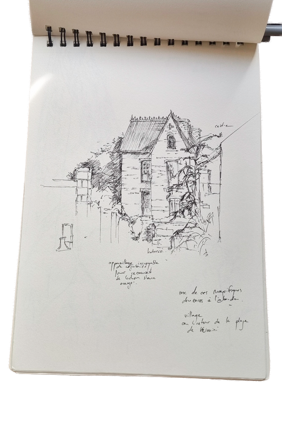 Croquis d'un manoir en noir et blanc. Par JOhanne Gicquel. Tregunc, Finistere. Bretagne