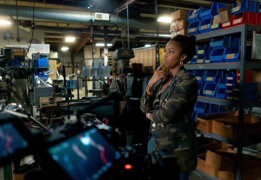 A woman in a camouflage blazer standing in a workshop or factory with shelves of blue and red bins behind her, surrounded by machinery and equipment.