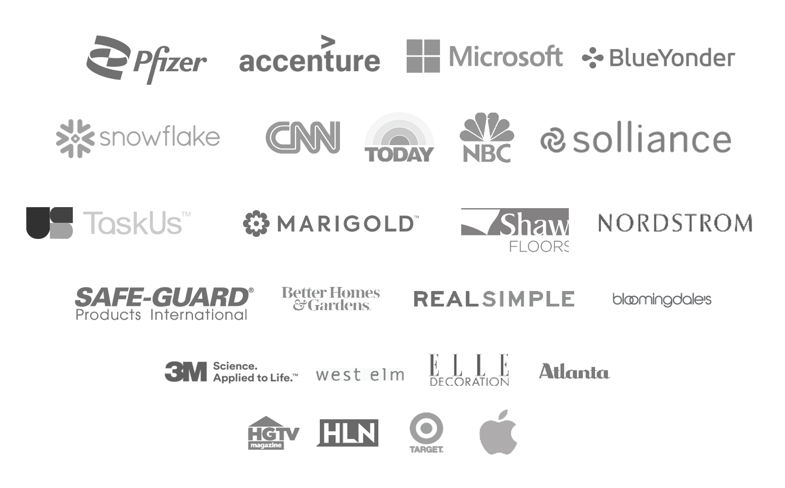 A collection of various company logos in grayscale, including Pfizer, Accenture, Microsoft, BlueYonder, Snowflake, CNN, Today, NBC, Solliance, TaskUs, Marigold, Shaw Floors, Nordstrom, Safe-Guard, Better Homes & Gardens, RealSimple, Bloomingdale's, 3M, West Elm, Elle Decoration, Atlanta, HGTV, HLN, Target, and Apple.