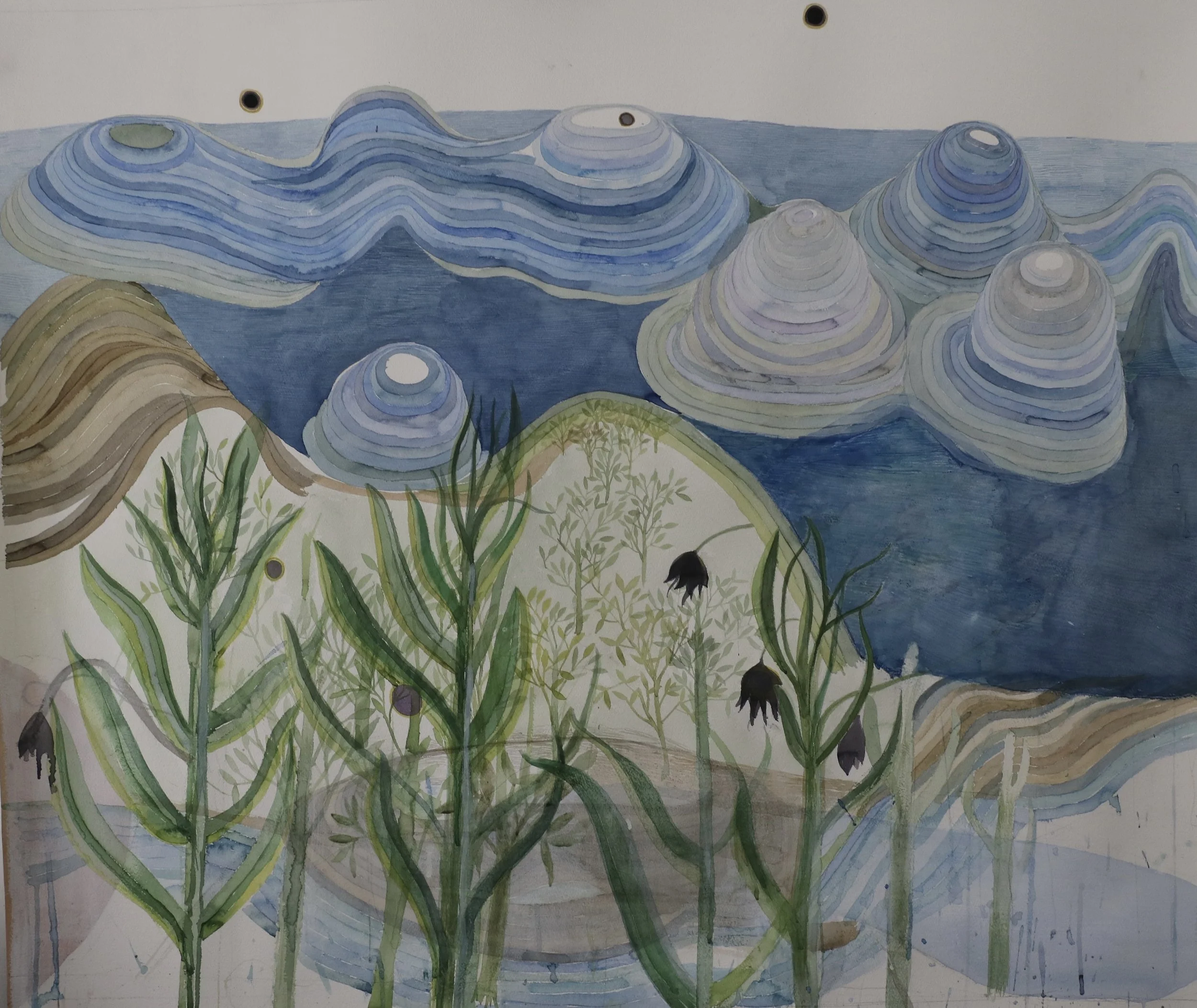 The Geology of Being on Time, 2024-6, watercolour and pencil on arches paper, 94cm by 110cm