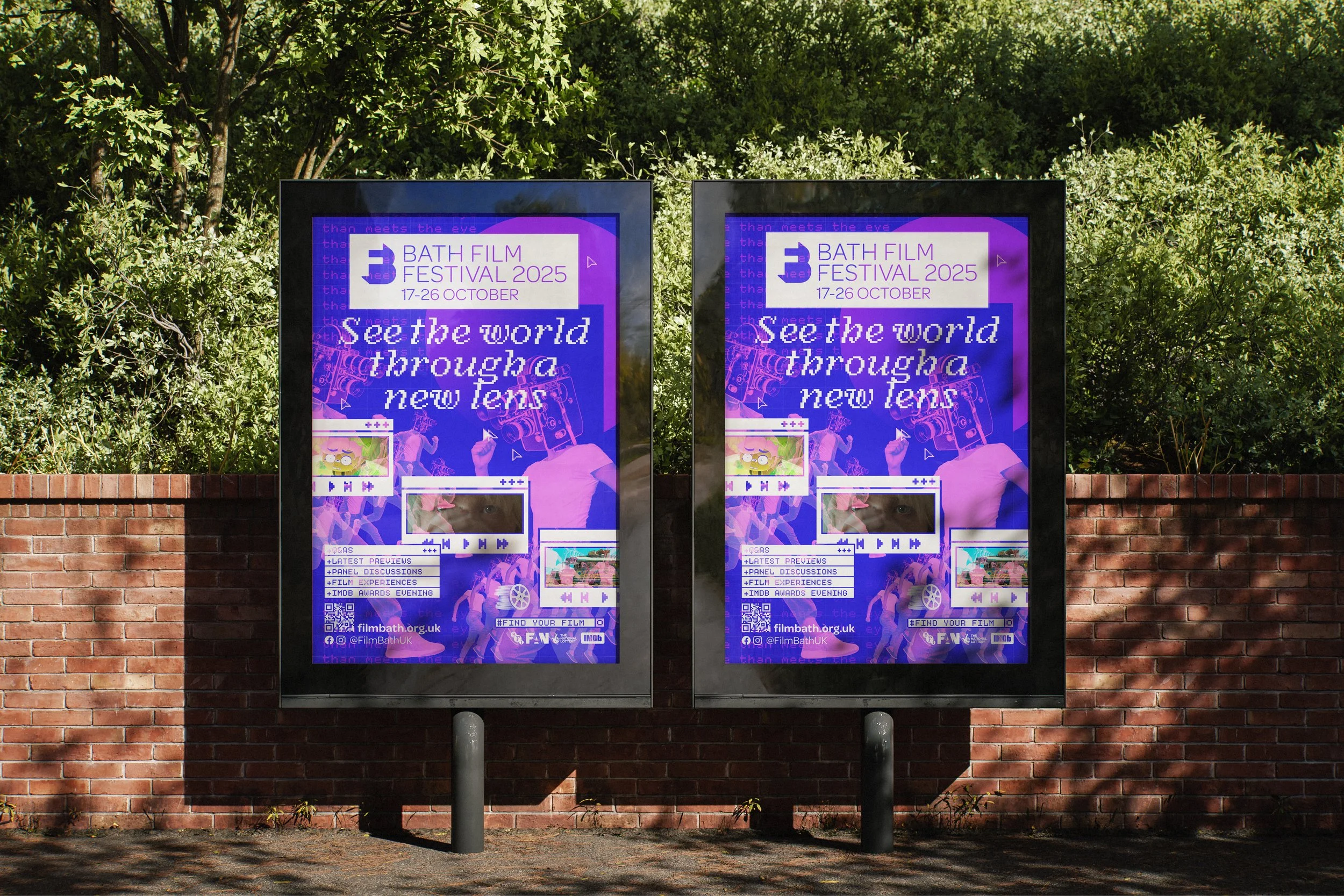 Two Bath Film Festival 2025 posters in outdoor display cases.