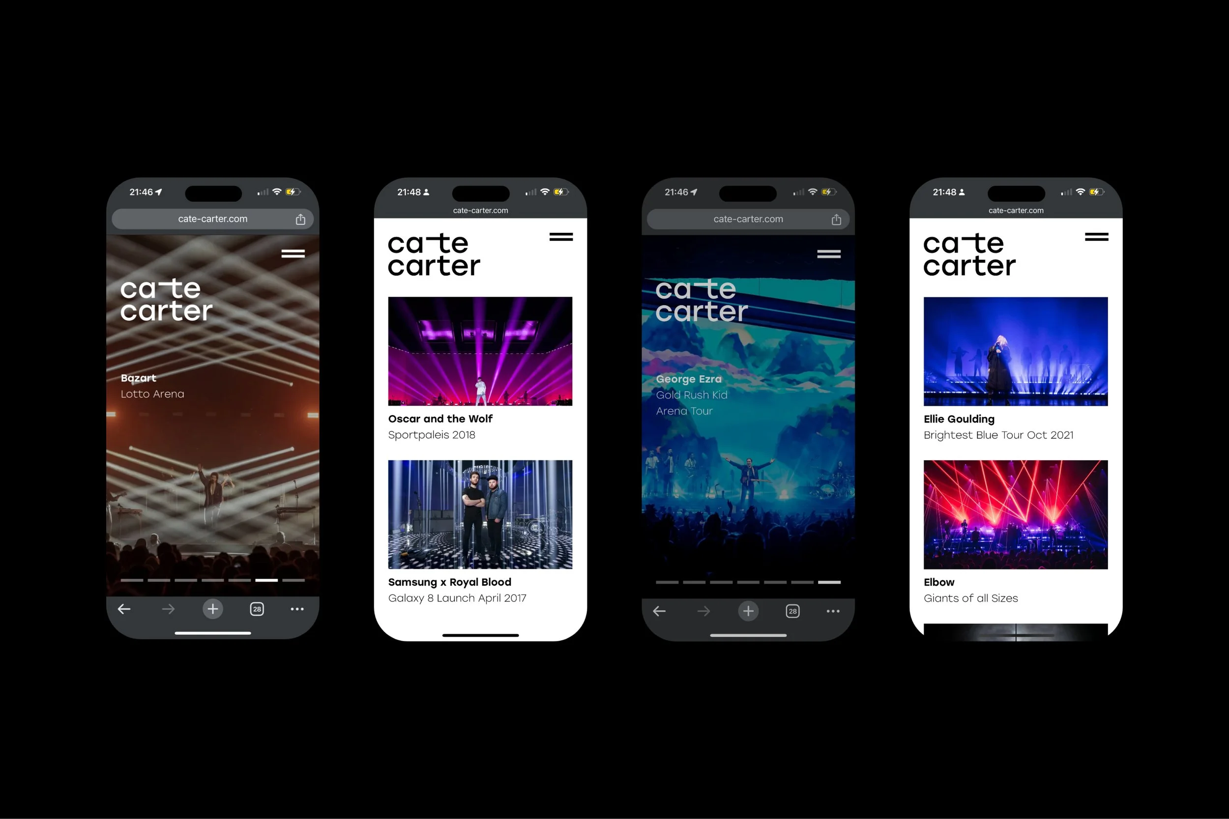 Four pages of the Cate Carter website on mobile, including projects for George Ezra, Ellie Goulding and Elbow.