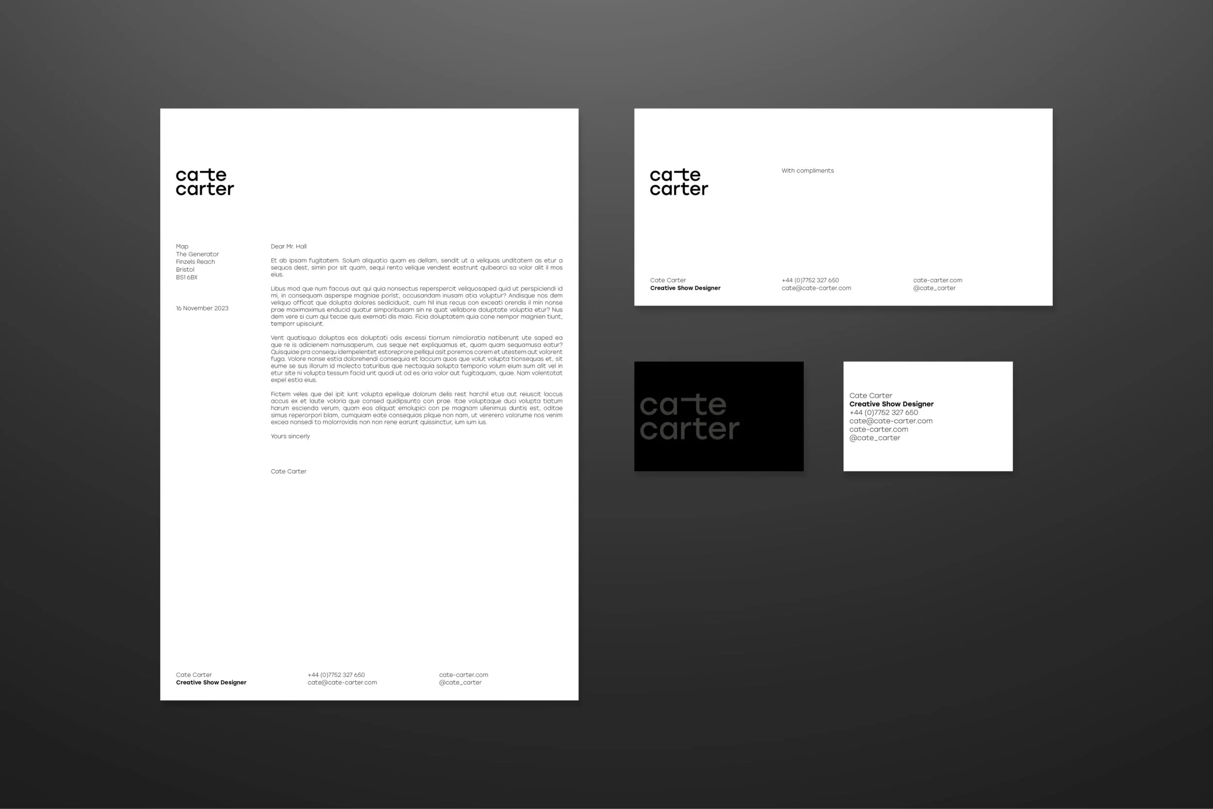 Cate Carter letterhead, compliment slip and business cards.