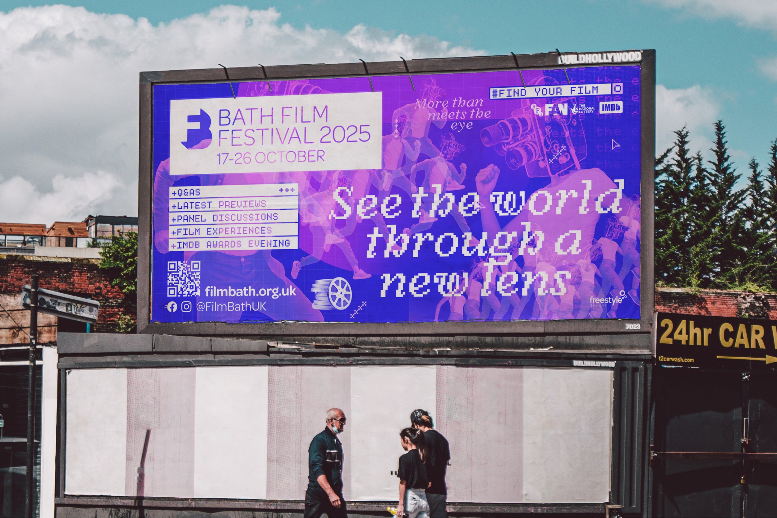 A Bath Film Festival 2025 billboard above a street.