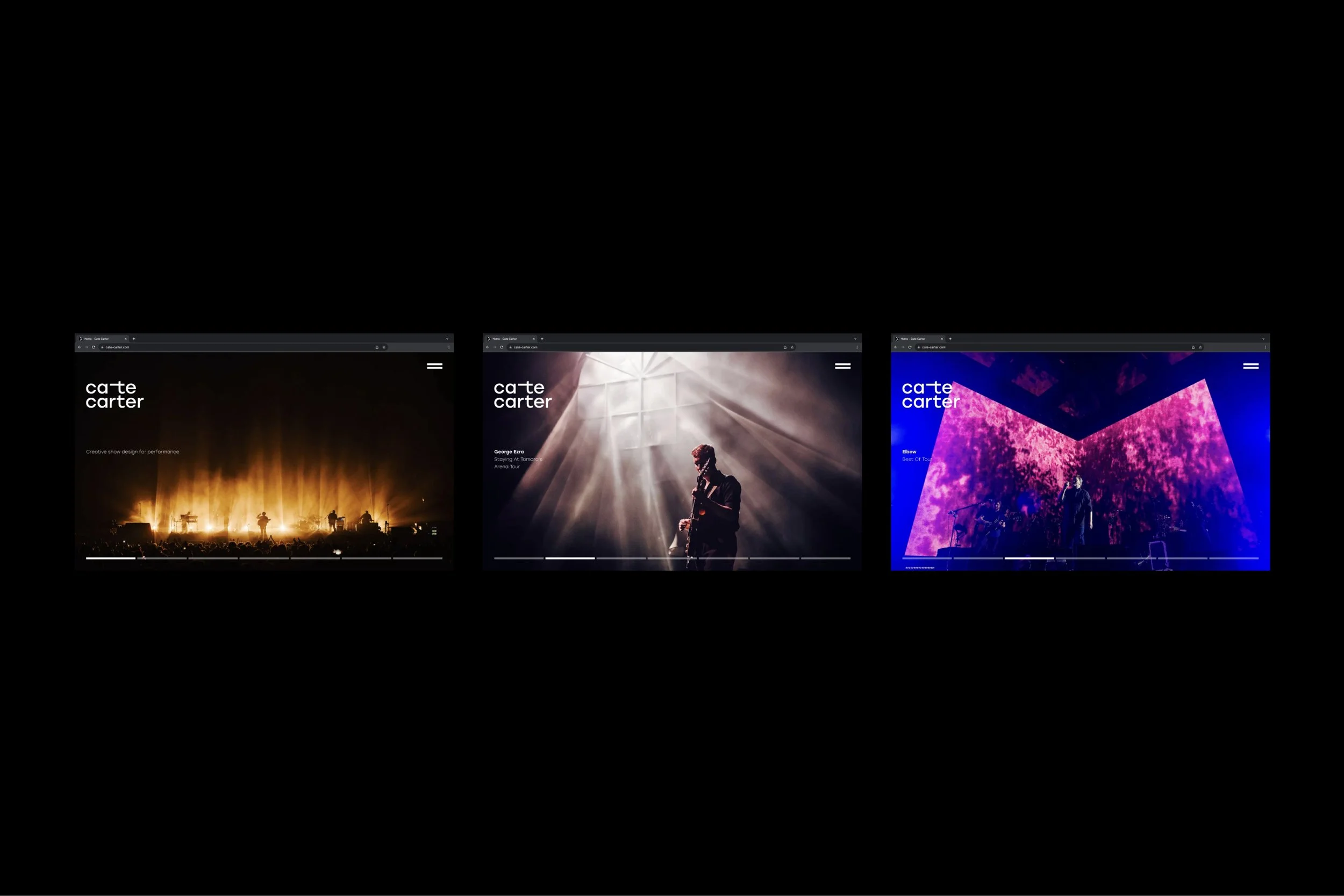 Three pages of the Cate Carter website on desktop, each led by full-screen live show photography.