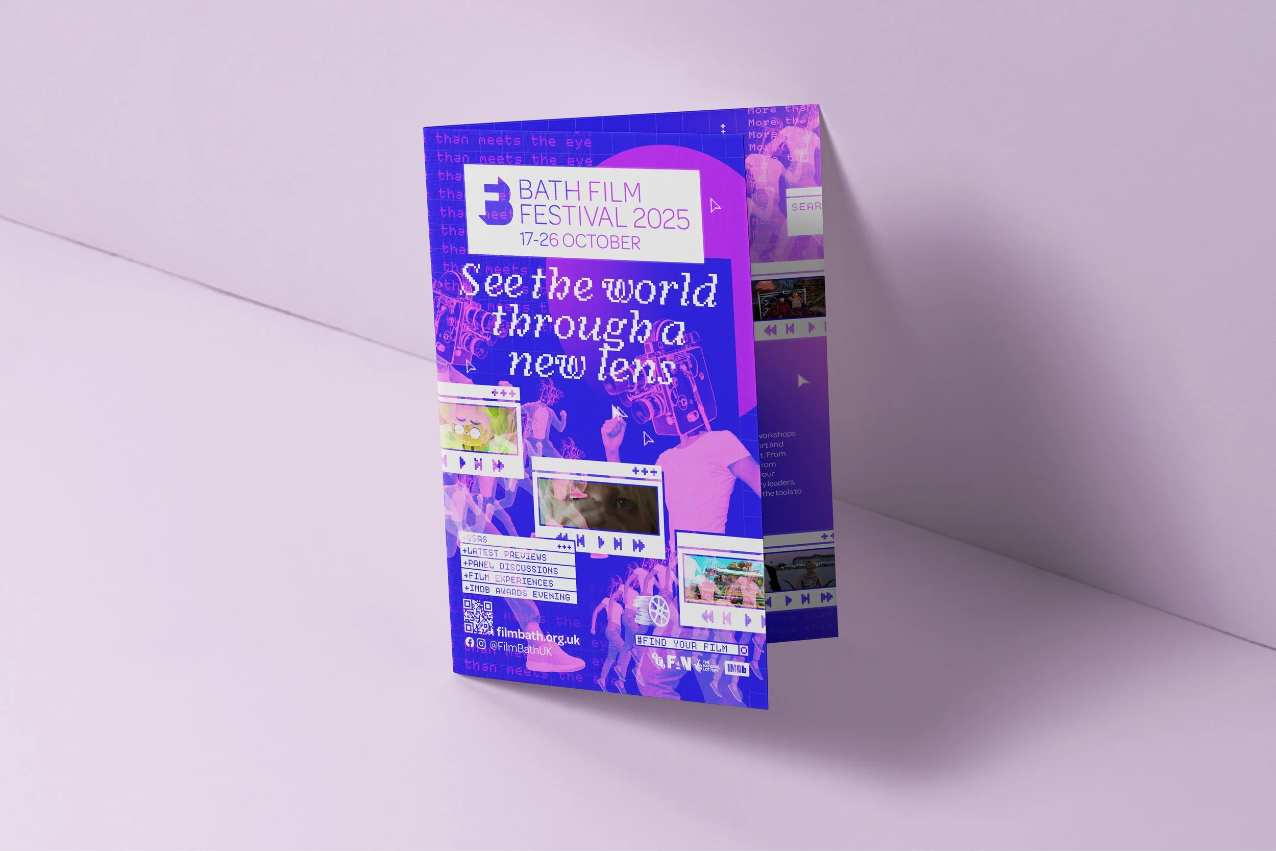 The Bath Film Festival 2025 programme in purple and blue retro graphics.