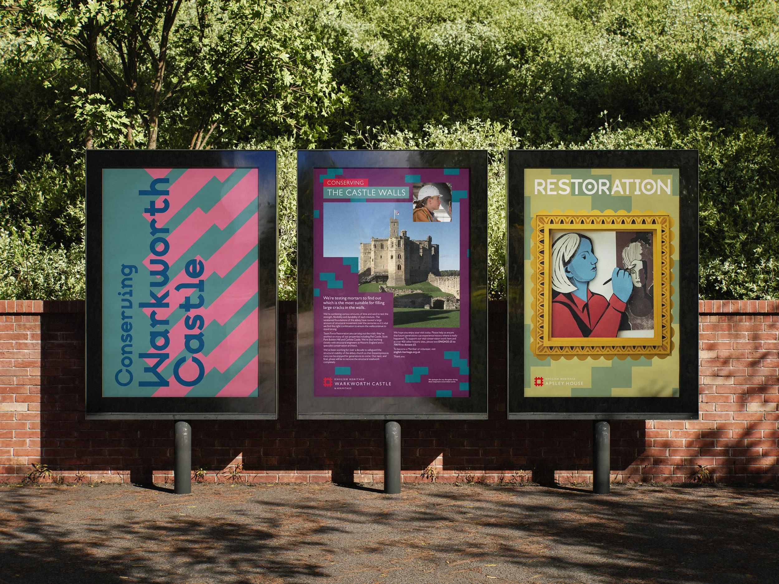 Three Conservation in Action posters for Warkworth Castle in outdoor display cases.