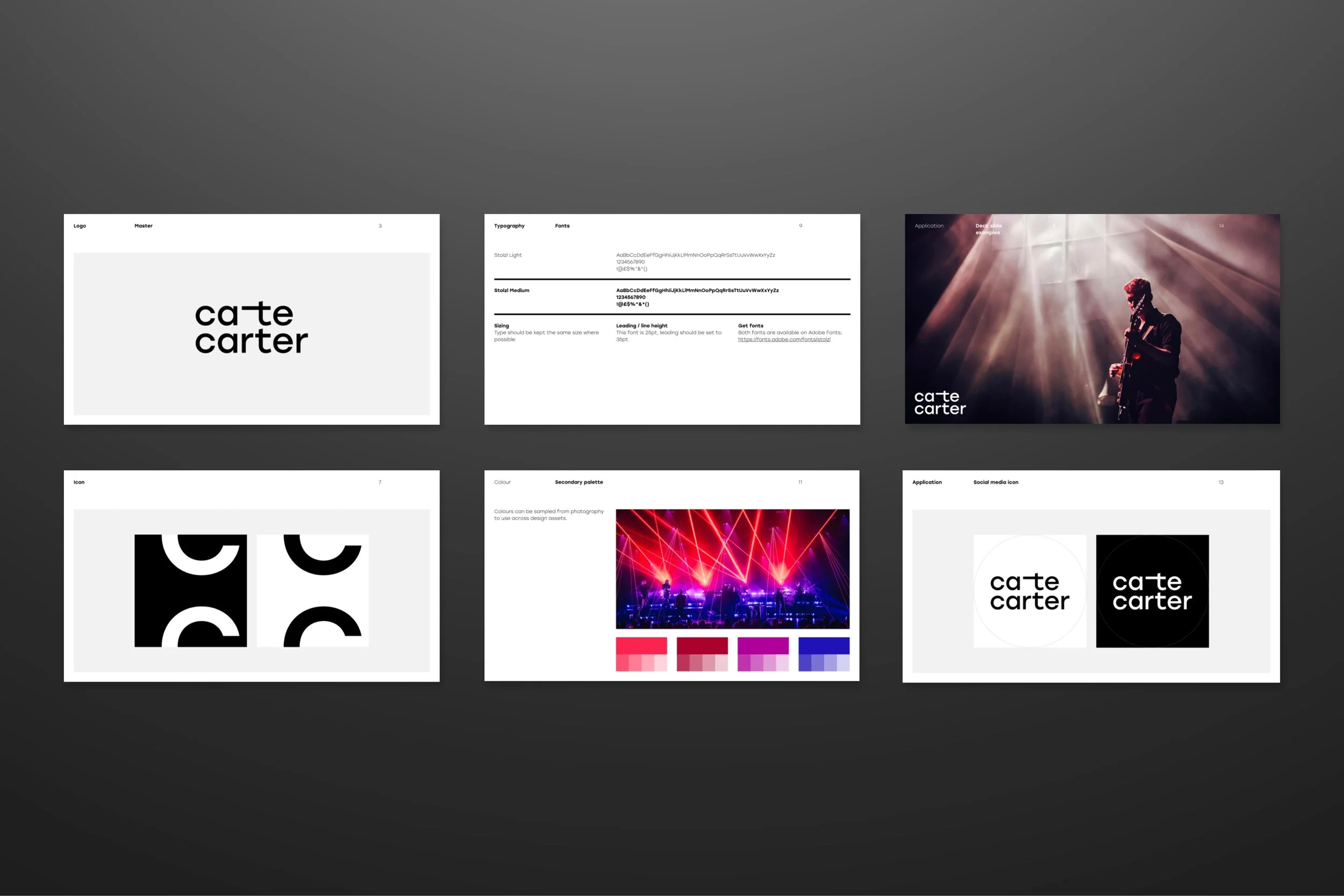 Six pages from the Cate Carter brand guidelines, showing the logo, colours and imagery.