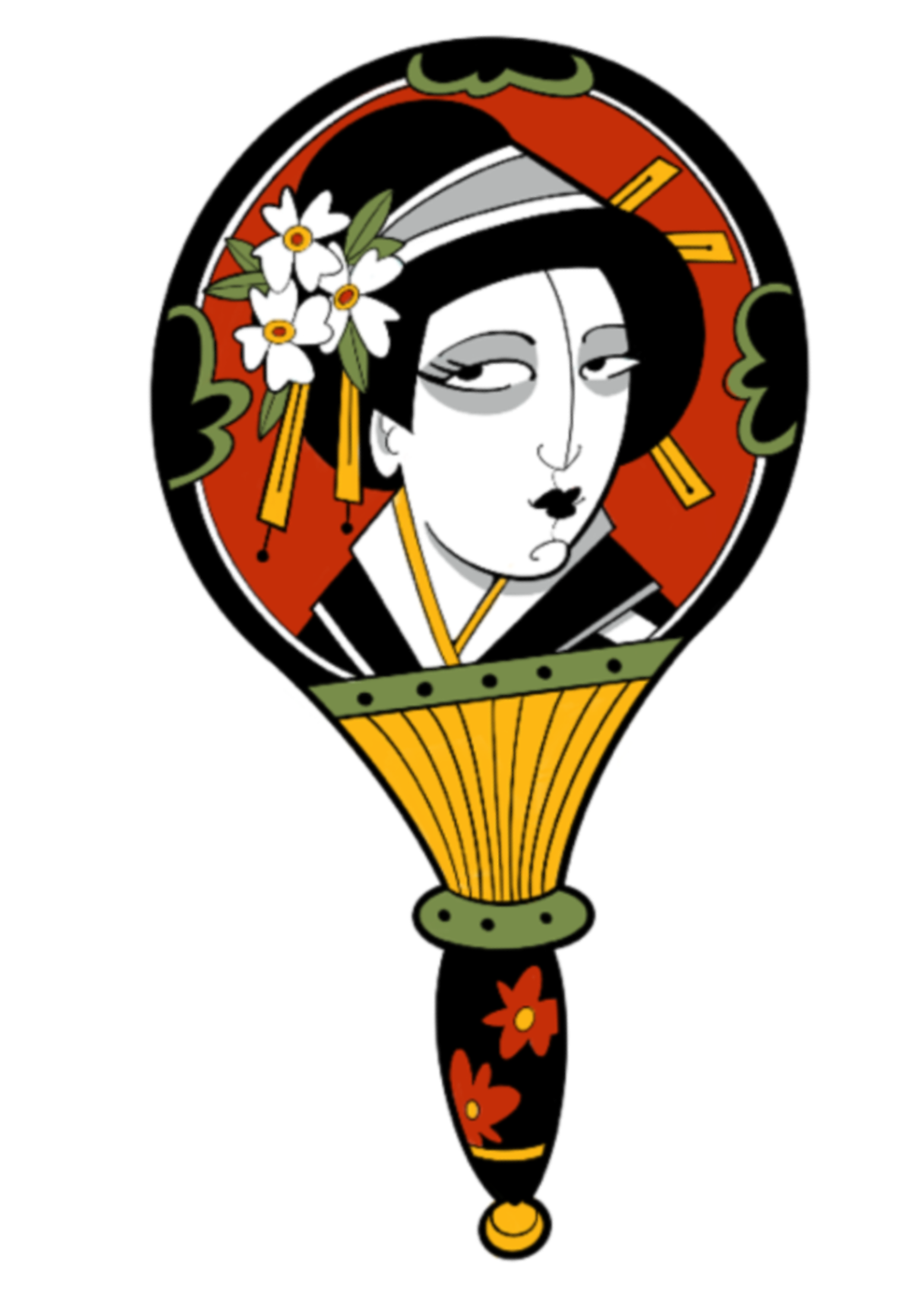 Illustration of a geisha's face in a decorative hand-held fan design.