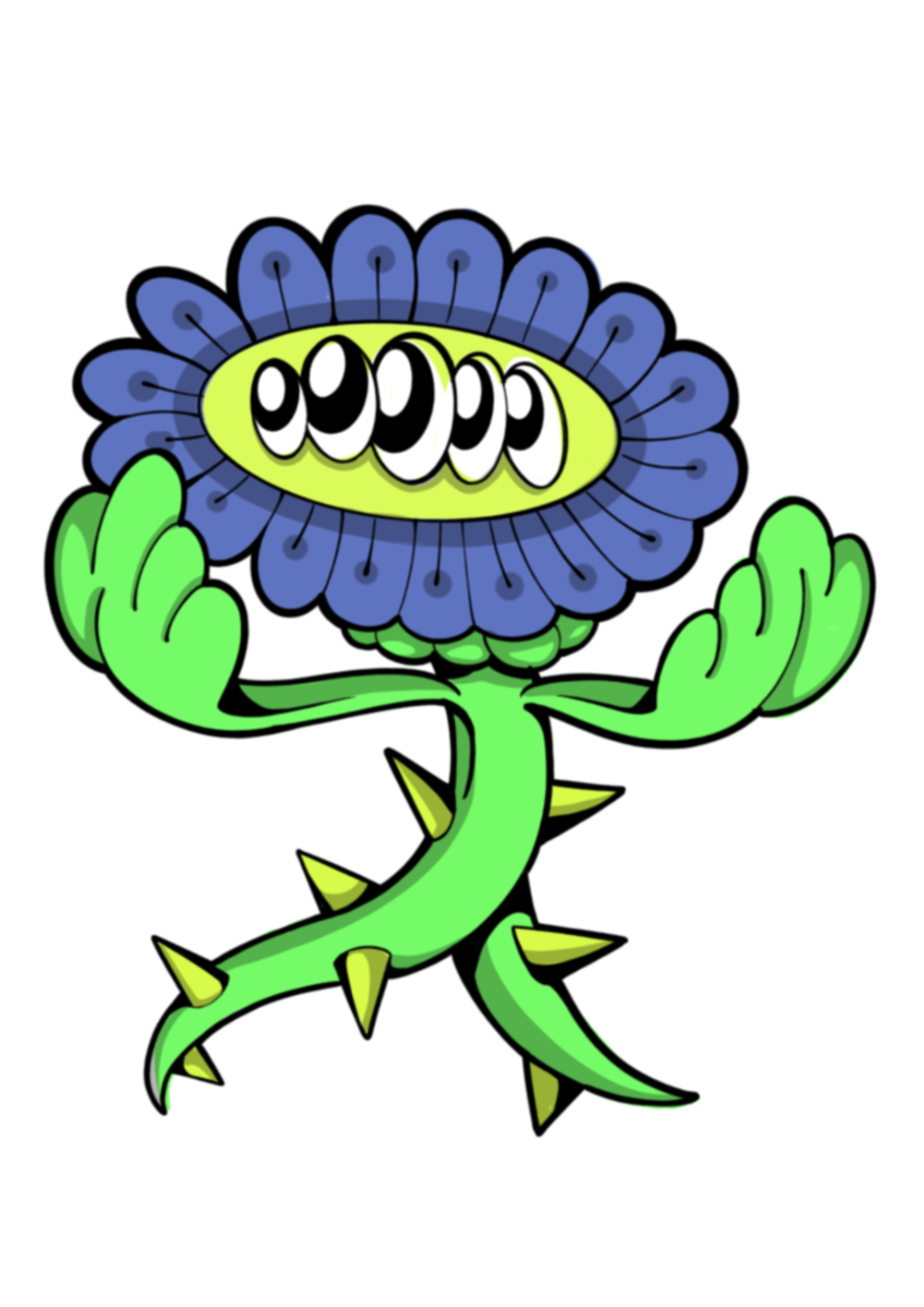 Cartoon plant with a green stem, yellow spikes, blue petals, and a yellow face with multiple eyes.
