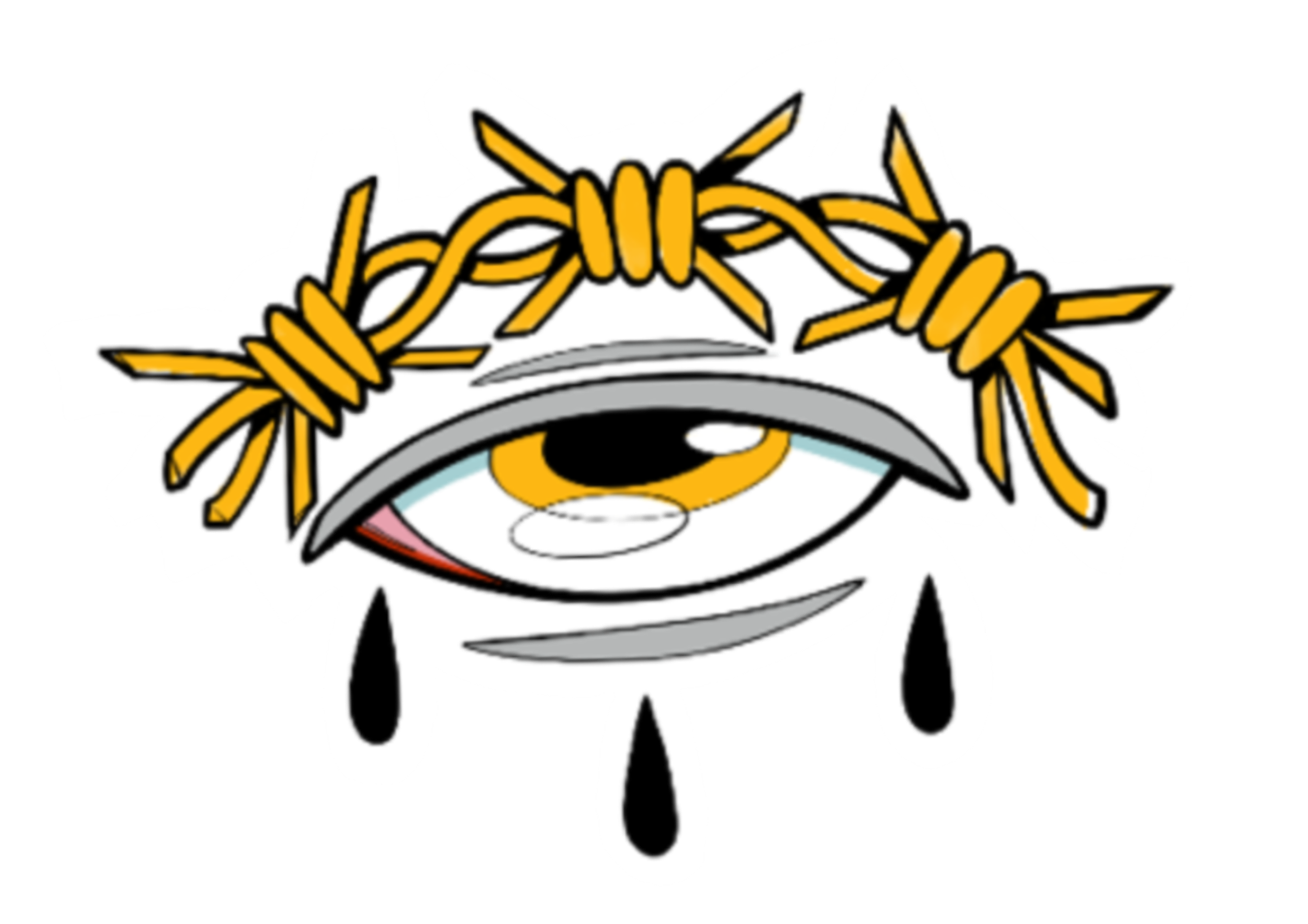 A cartoon eye with tears, a gray baseball cap, and a crown of yellow rope surrounding the eye.