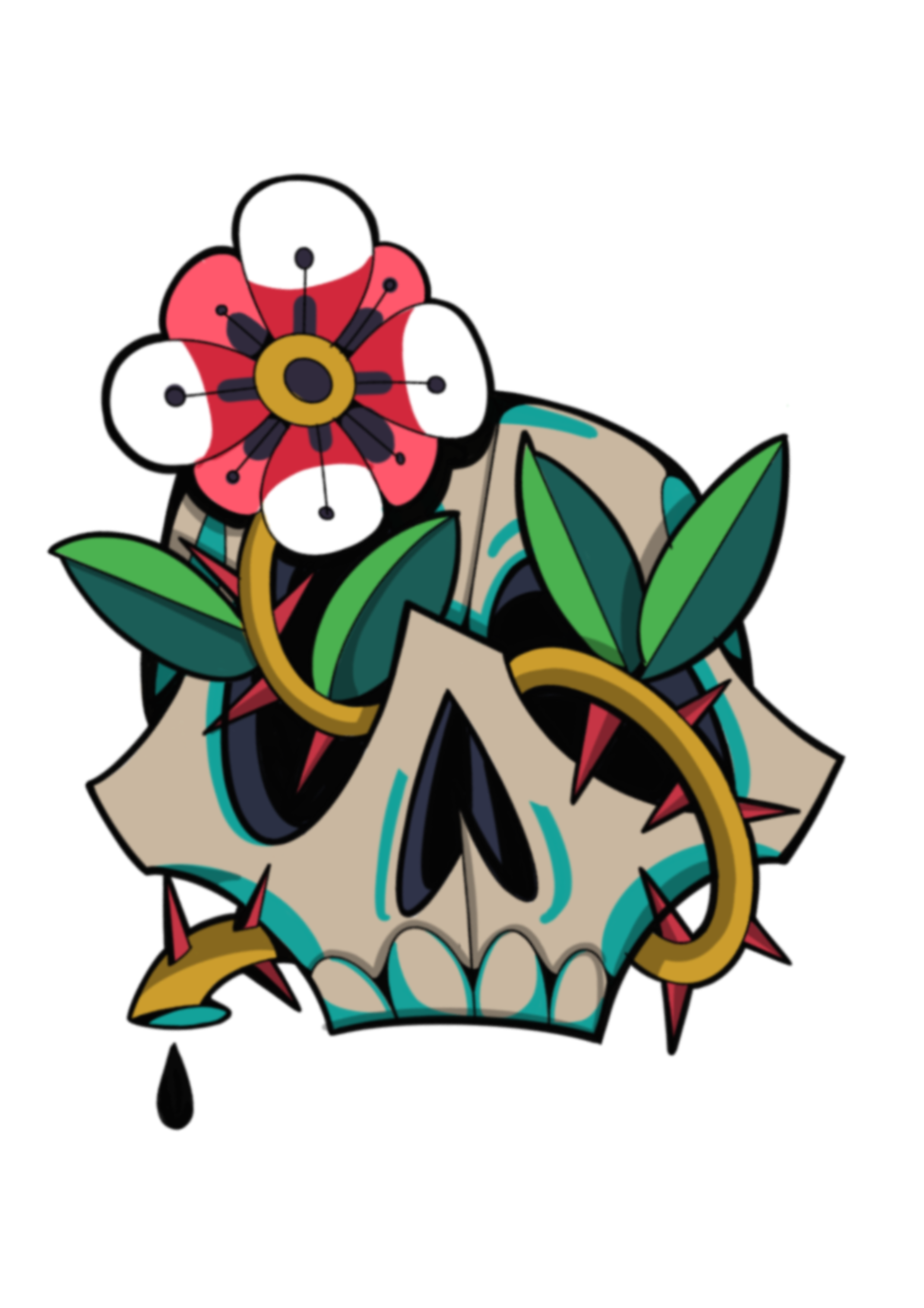 Colorful tattoo-style skull with a red and white flower, green leaves, and thorny gold rings.