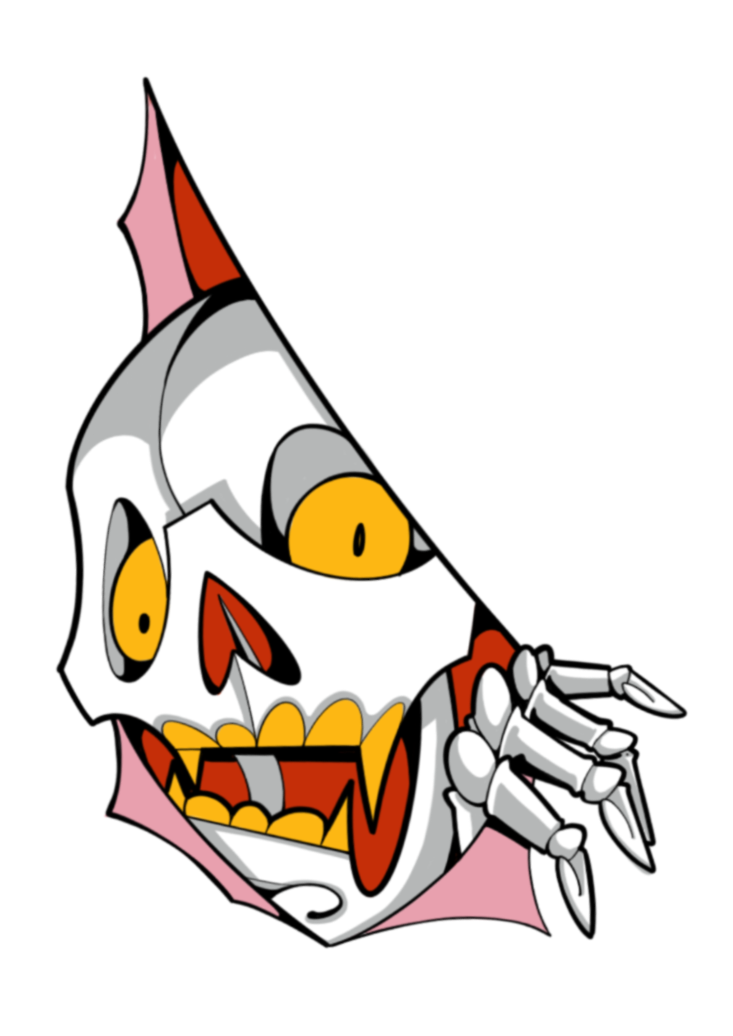 Cartoon skull with robotic features, yellow eyes, and sharp teeth, partially wrapped in pink cloth.