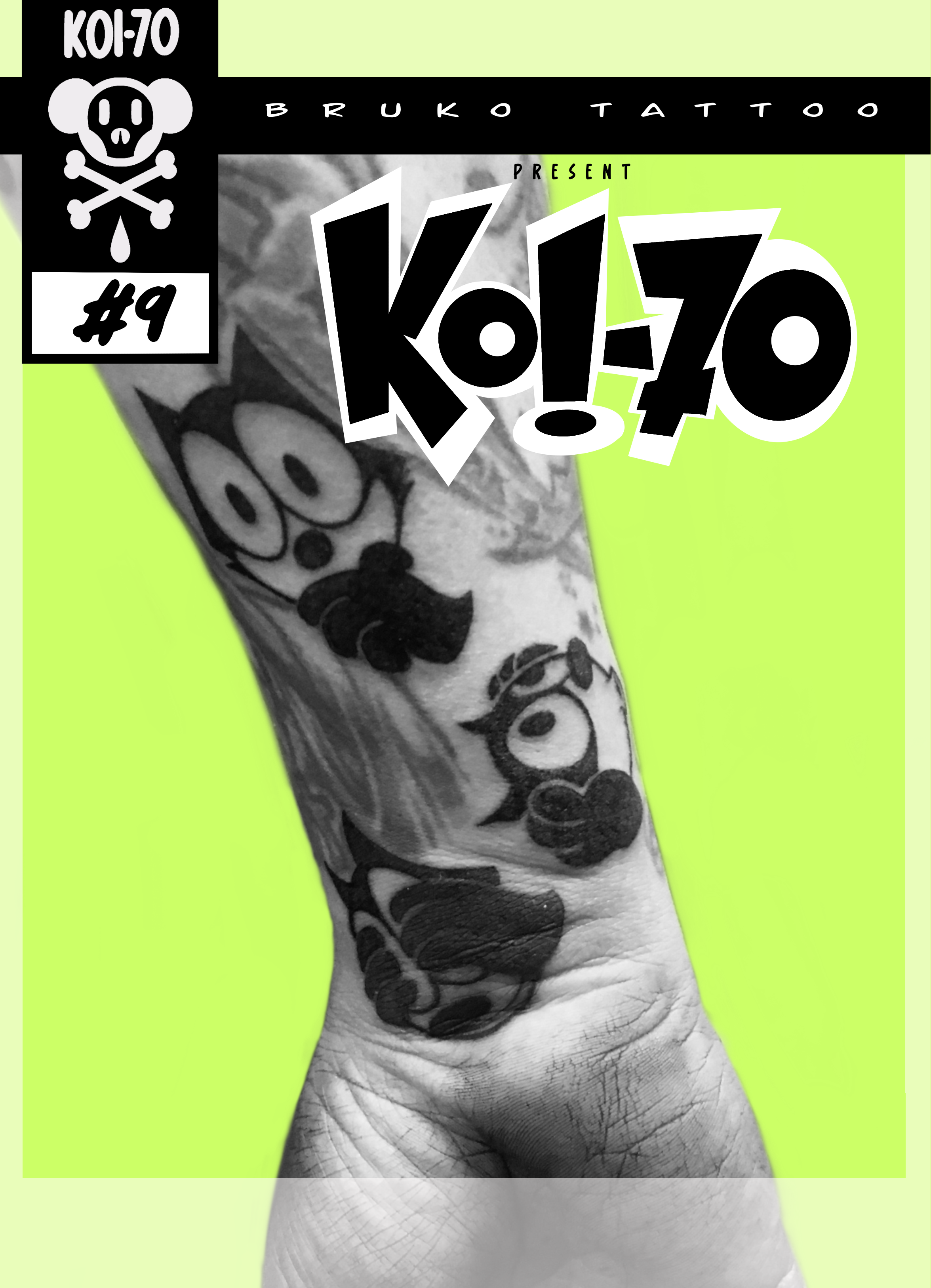 Tattoo on a forearm features characters with glasses, mustaches, and hair, in black and white, against a neon green background.