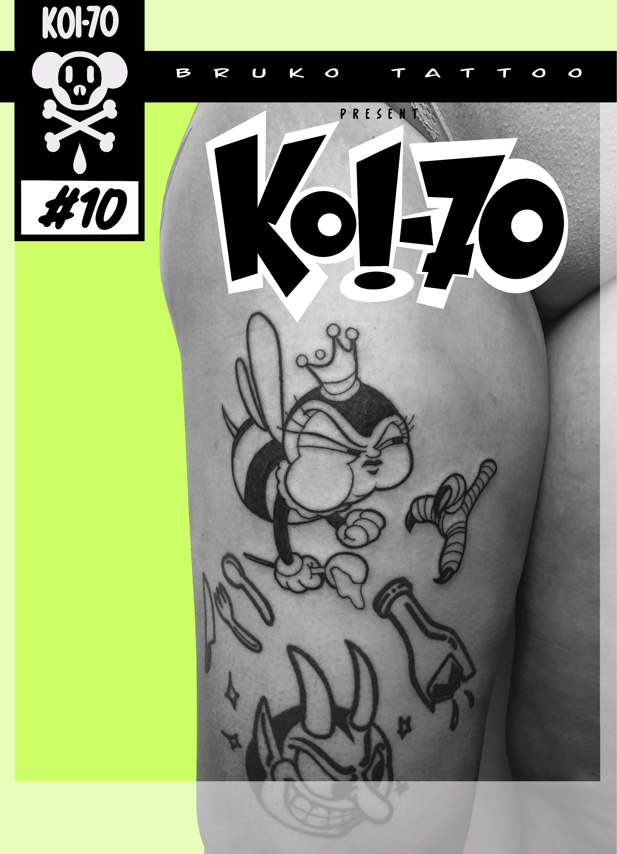 Black and white tattoo of a cartoon cat wearing a crown and various accessories on a person's arm, with colorful magazine-style overlay and text.