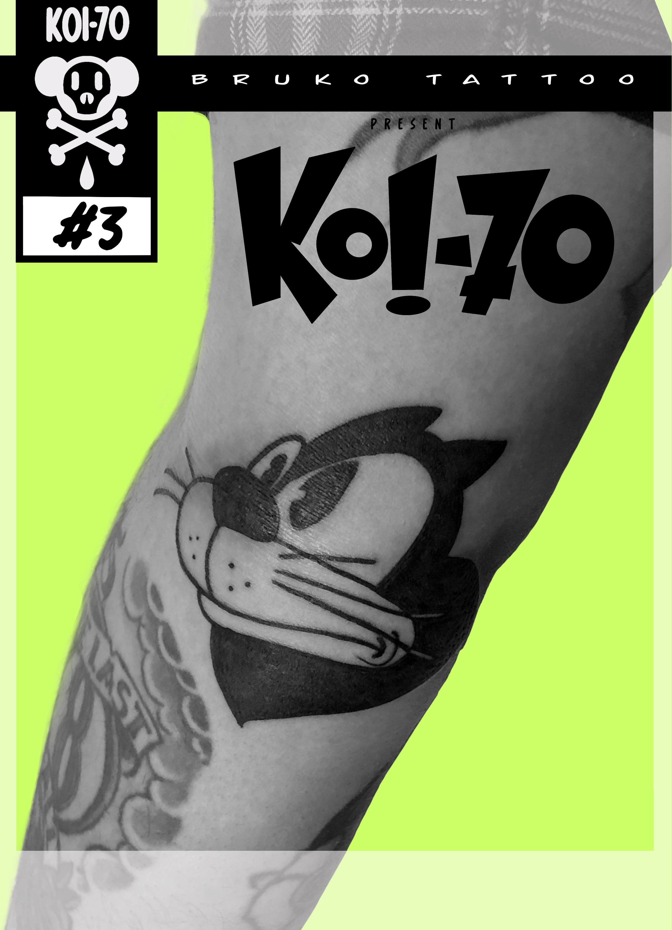 A tattoo of a cartoon-style cat with sunglasses, whiskers, and a cute expression on a person's arm, alongside text that says 'K!ZO' in bold, black letters.