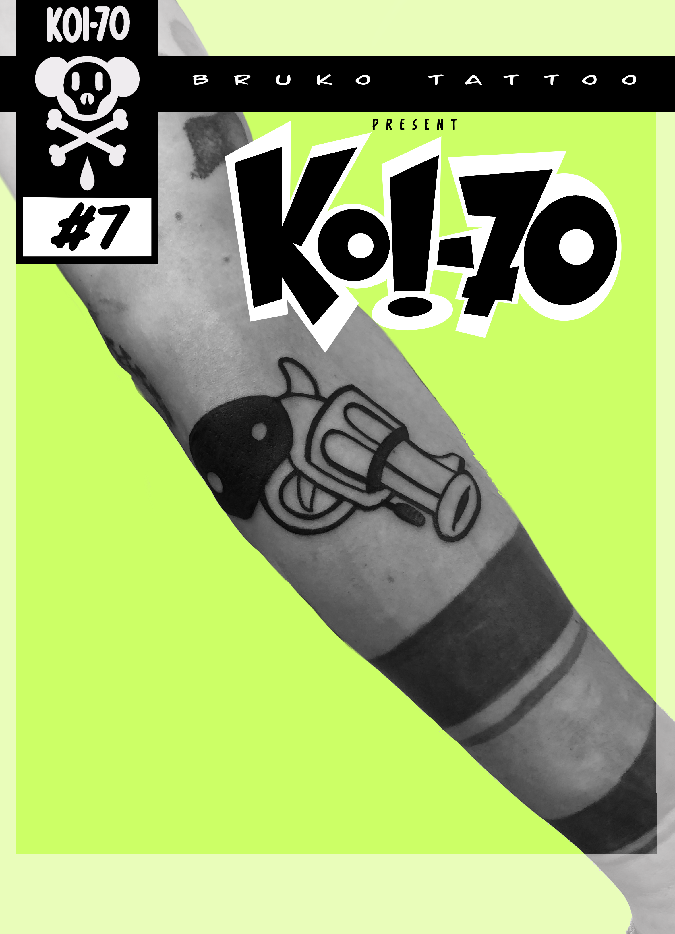 A black and white tattoo of a cartoonish gun with a black skull symbol on the handle, depicted on a person's forearm. The tattoo is positioned diagonally across the arm.