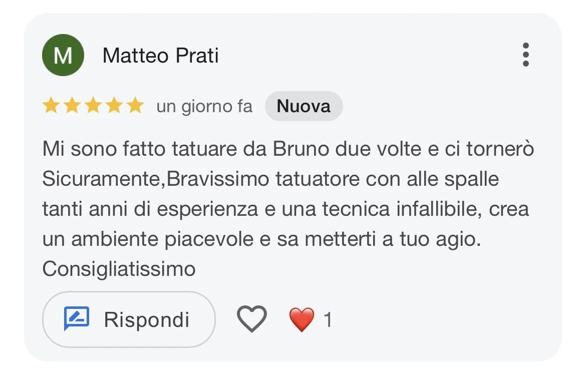 Review from Matteo Prati in Italian praising a tattoo artist, mentioning being tattooed by Bruno twice with excellent results and recommending his experience and technique.
