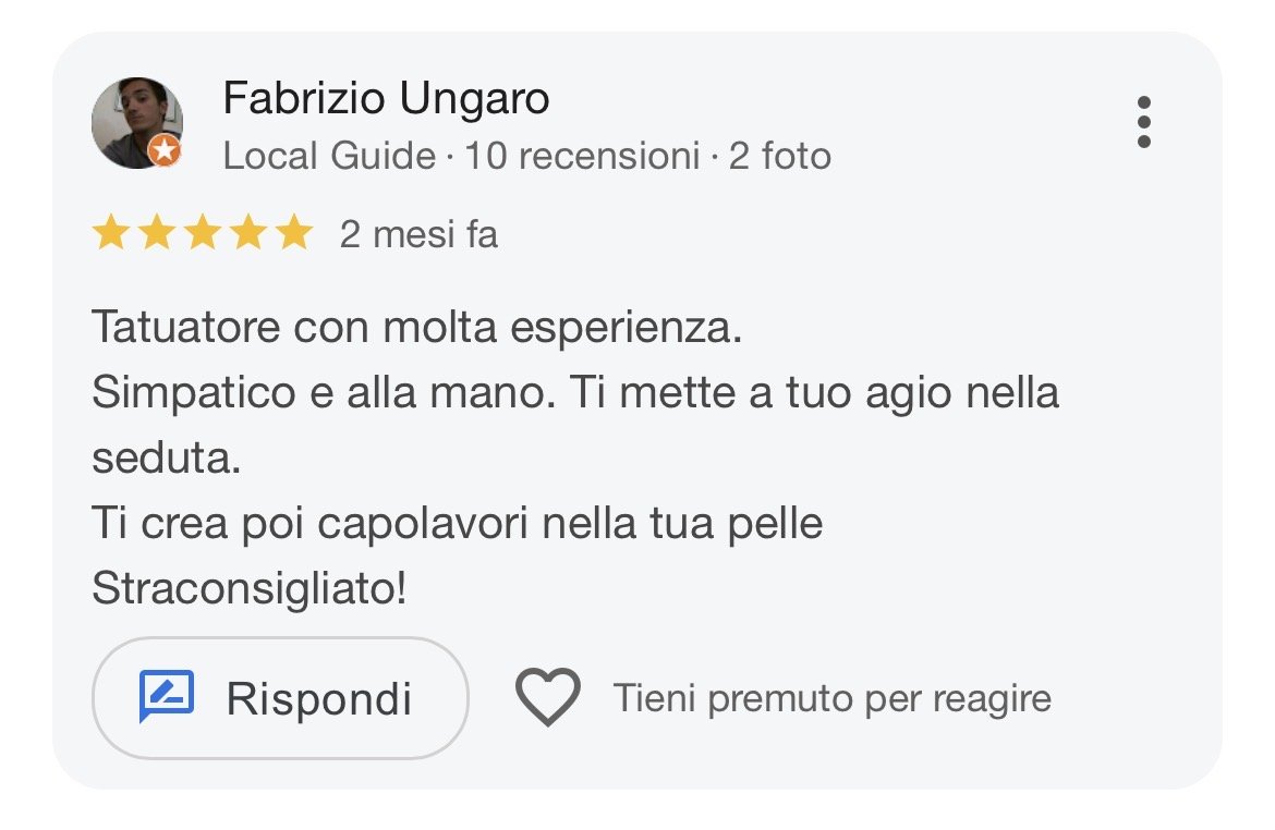 Facebook review by Fabrizio Ungaro praising a tattoo artist's experience and skill.
