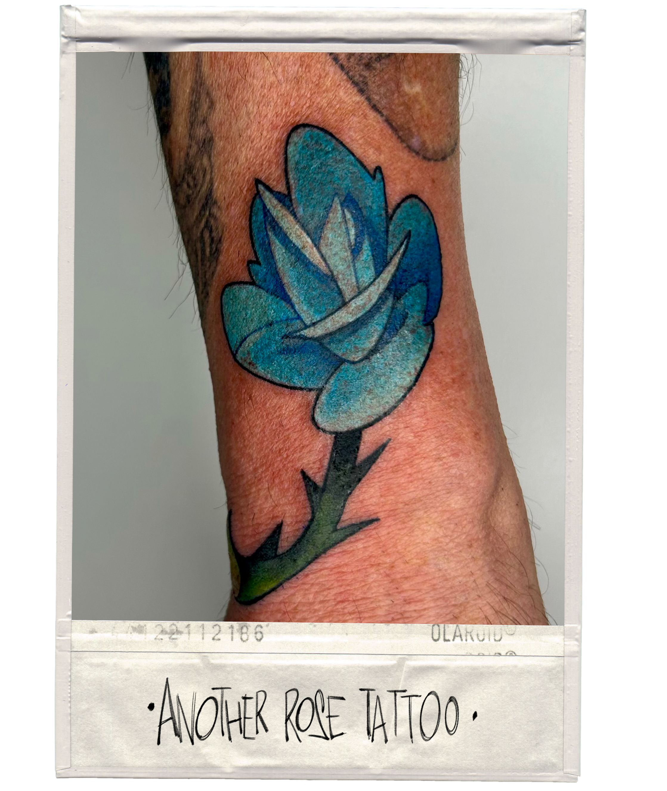 Colorful blue rose tattoo on person's arm with the text 'Another Rose Tattoo' at the bottom.