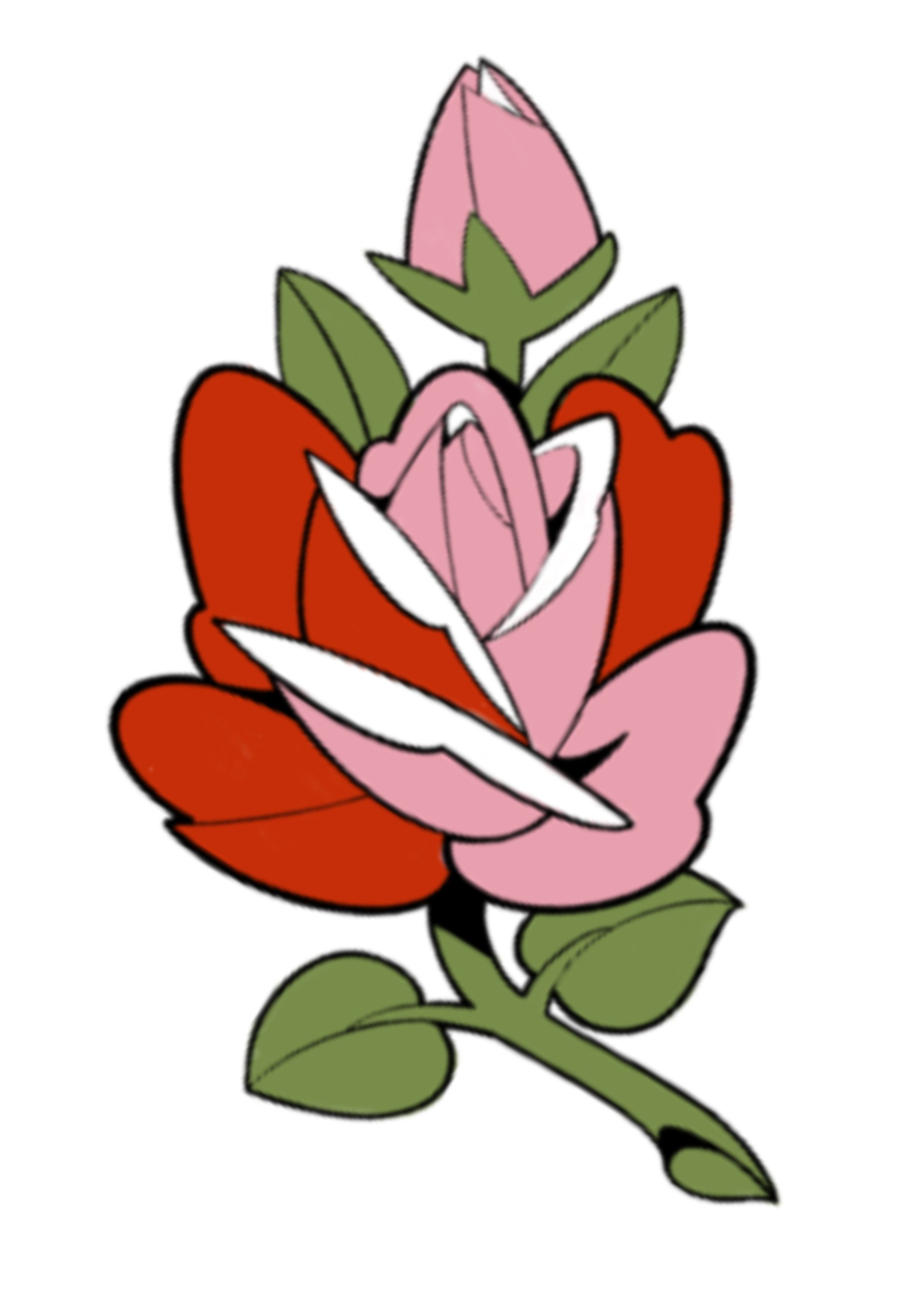 A colorful illustration of a rose with red and pink petals, green leaves, and a black outline.